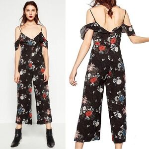 ZARA Woman Cold Shoulder Floral‎ Romper - Black Bright Multicolor Rayon - XS EUC